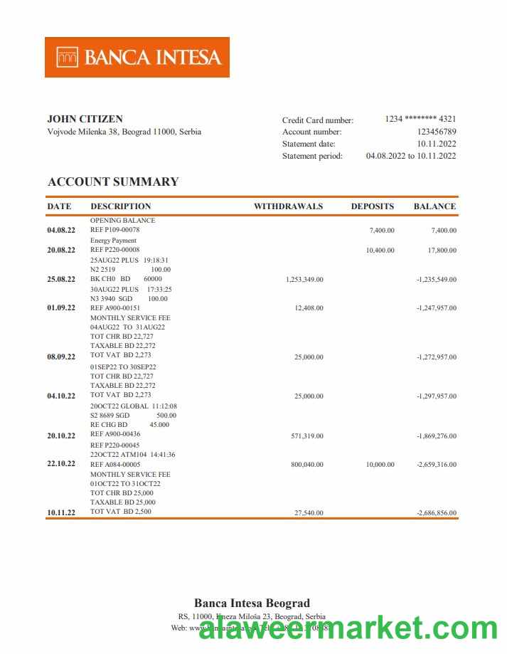 Serbia Banca Intesa bank statement xls